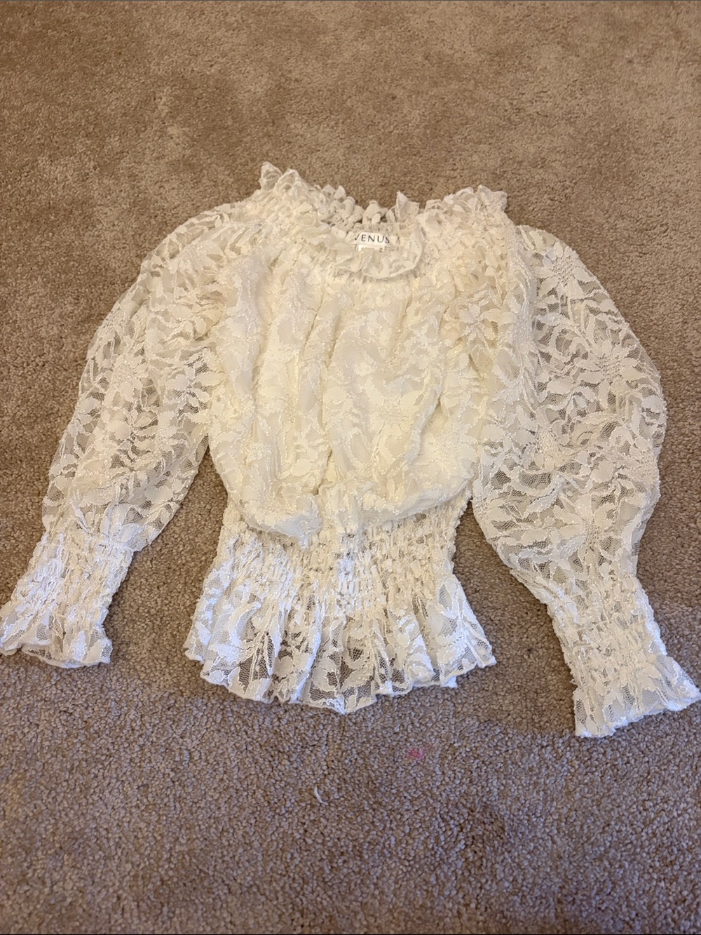 VENUS Cream Lace Smocked Waist Puff Sleeve Blouse